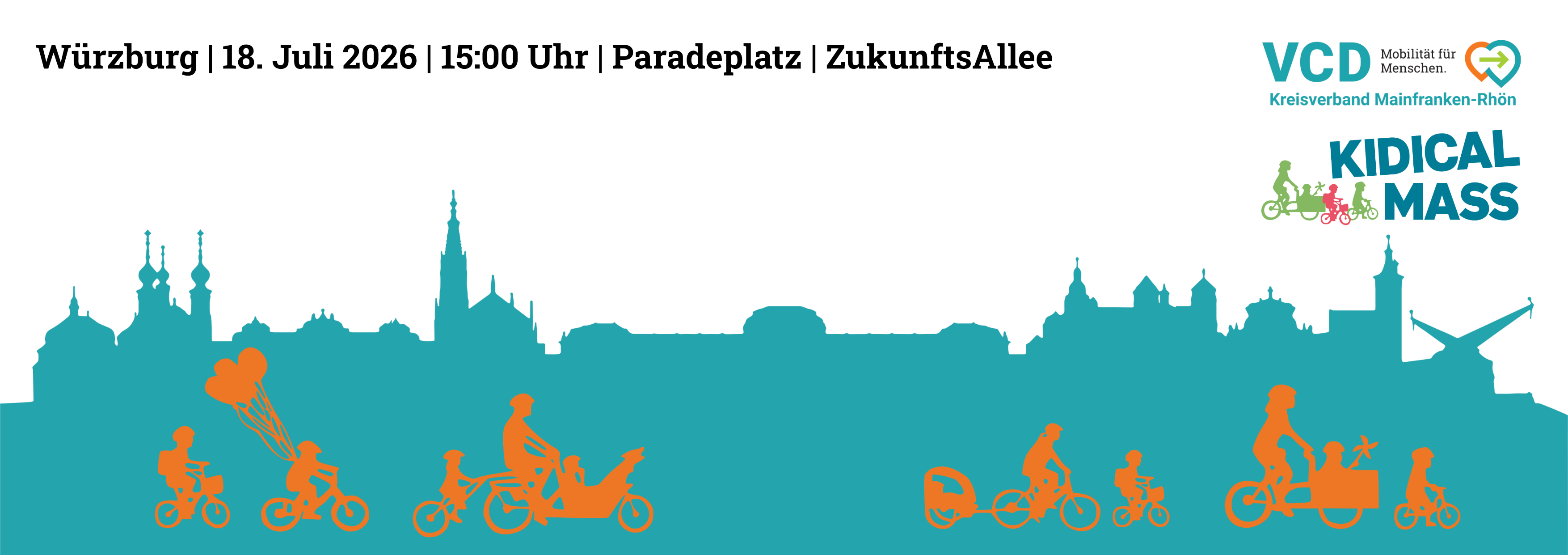 Silhouette der Stadt Würzburg, davor fahren Kinder und Erwachsene Fahrrad